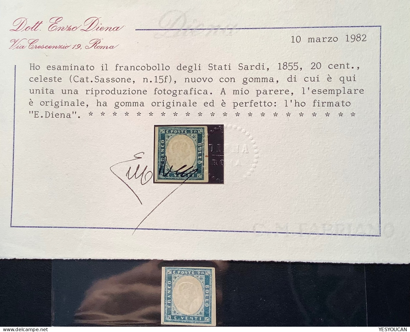 Sardegna Sa.15f (23000€) Very Rare 1855 20c Celeste VF Fresh Mint Lightly Hinged*, Cert E.Diena (Sardinia Italy Italia - Sardinia