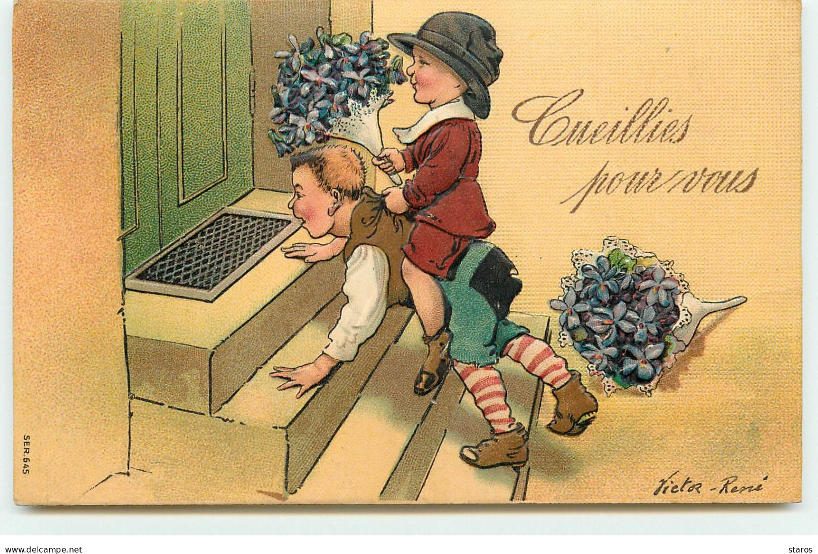 Carte Gaufrée - Cueillies Pour Vous - Enfants Apportant Des Violettes - Autres & Non Classés