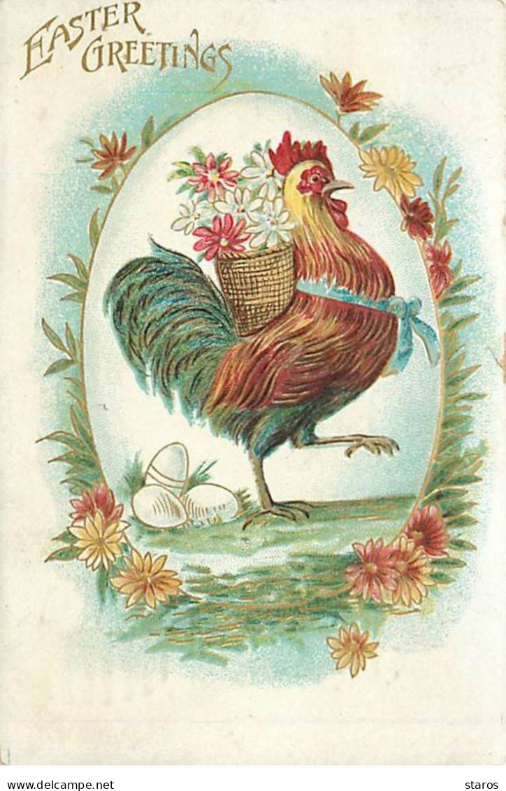 Carte Gaufrée - Easter Greetings - Coq Portant Une Hotte Remplie D'oeufs - Ostern