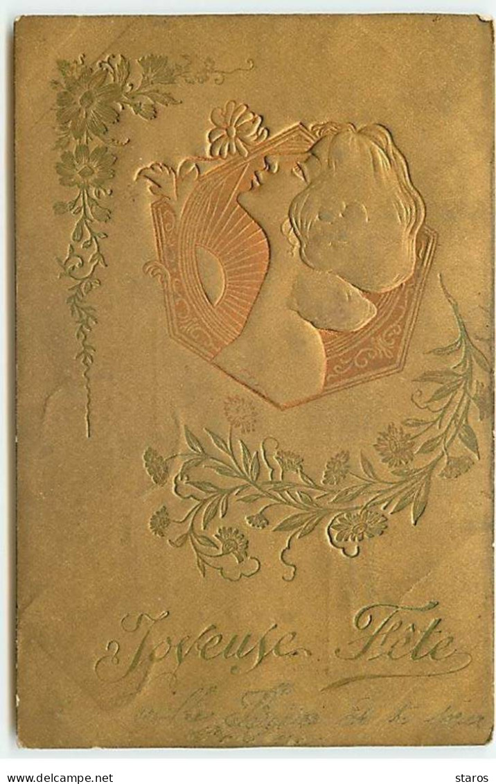 Carte Gaufrée - Art Nouveau - Style Kirchner - Joyeuses Fête - Profil D'une Jeune Femme - Other & Unclassified