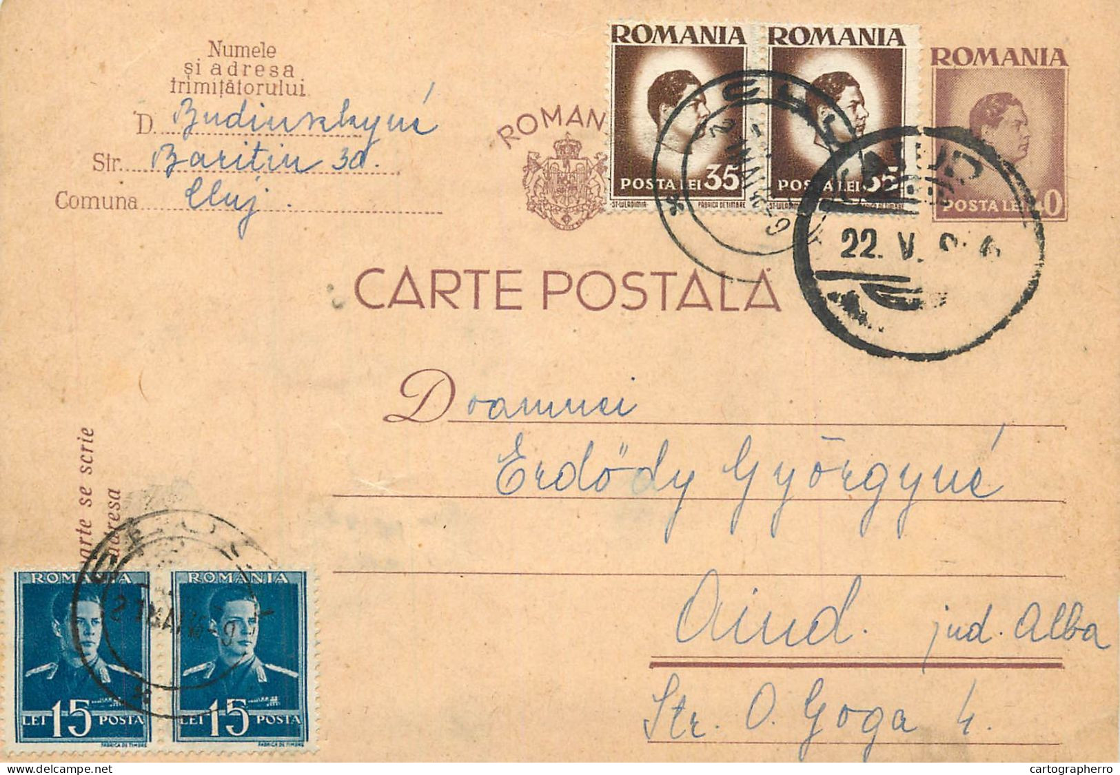 Romania Postal Card Royalty Franking Stamps Aiud 1946 - Rumänien