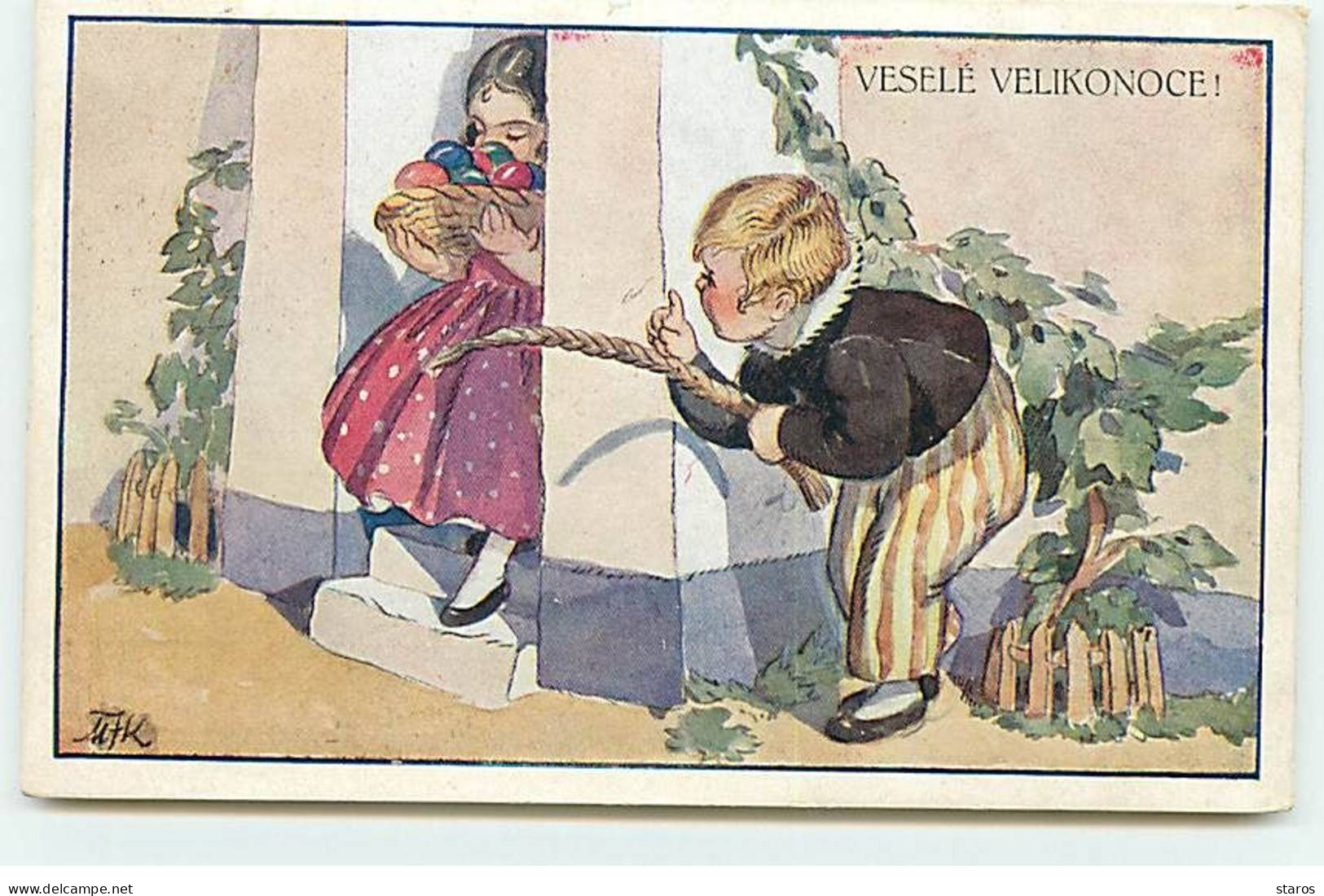 Illustrateur - M. Fischerova-Kvéchova - Veselé Velikonoce - Garçon Se Cachant D'une Fillette Portant Des Oeufs - Autres & Non Classés