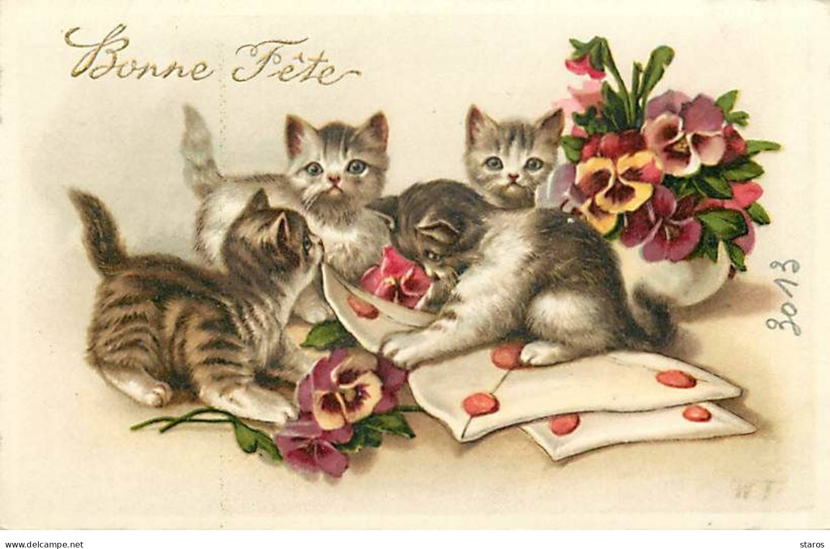 Bonne Fête - Chatons Jouant Avec Des Pensées Et Des Lettres - Katzen