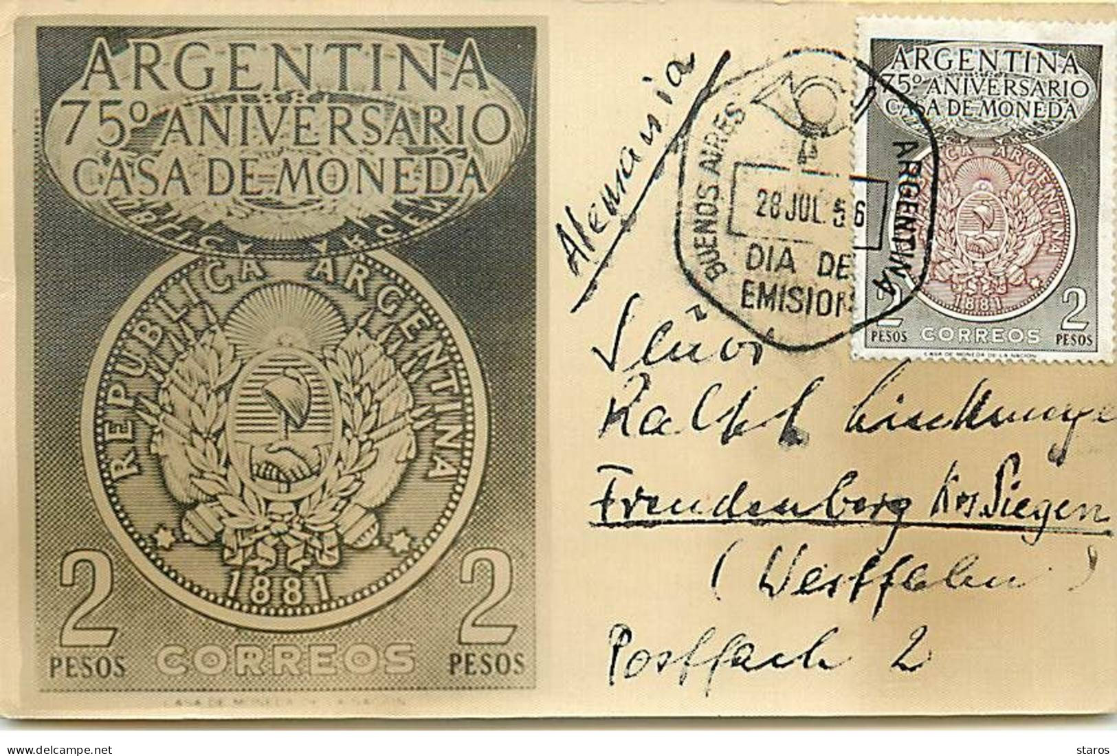 Argentine - 75° Aniversario Casa De Moneda - 2 Pesos Correos - Carte Maximum - Argentina