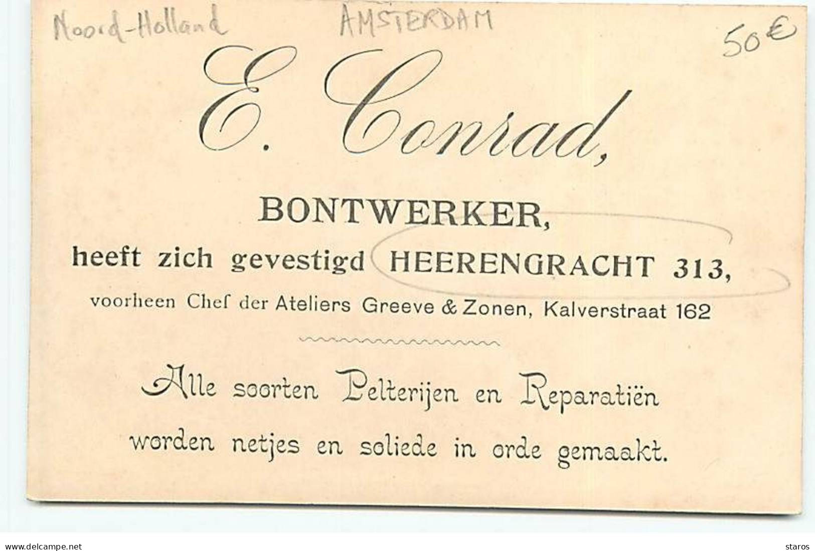 Pays-Bas - AMSTERDAM - Heerengracht 313 - Pelteryen - E. Conrad Bontwerker - Amsterdam