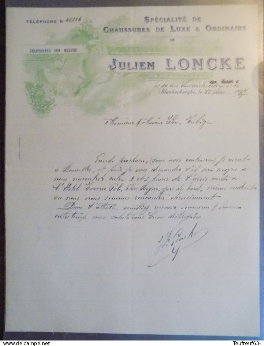 Lettre Avec Gravure Ets " Julien Loncke " Chaussures De Luxe Et Ordinaires - Blankenberghe 1937 - 1900 – 1949