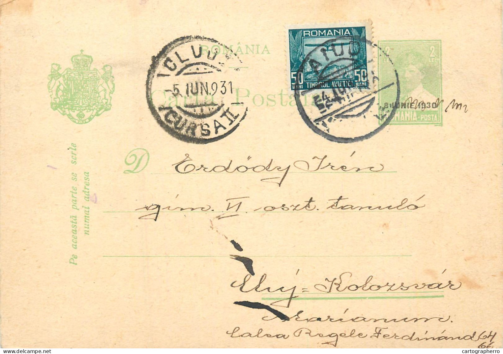 Romania Postal Card Royalty Franking Stamps Aiud 1936 - Romania