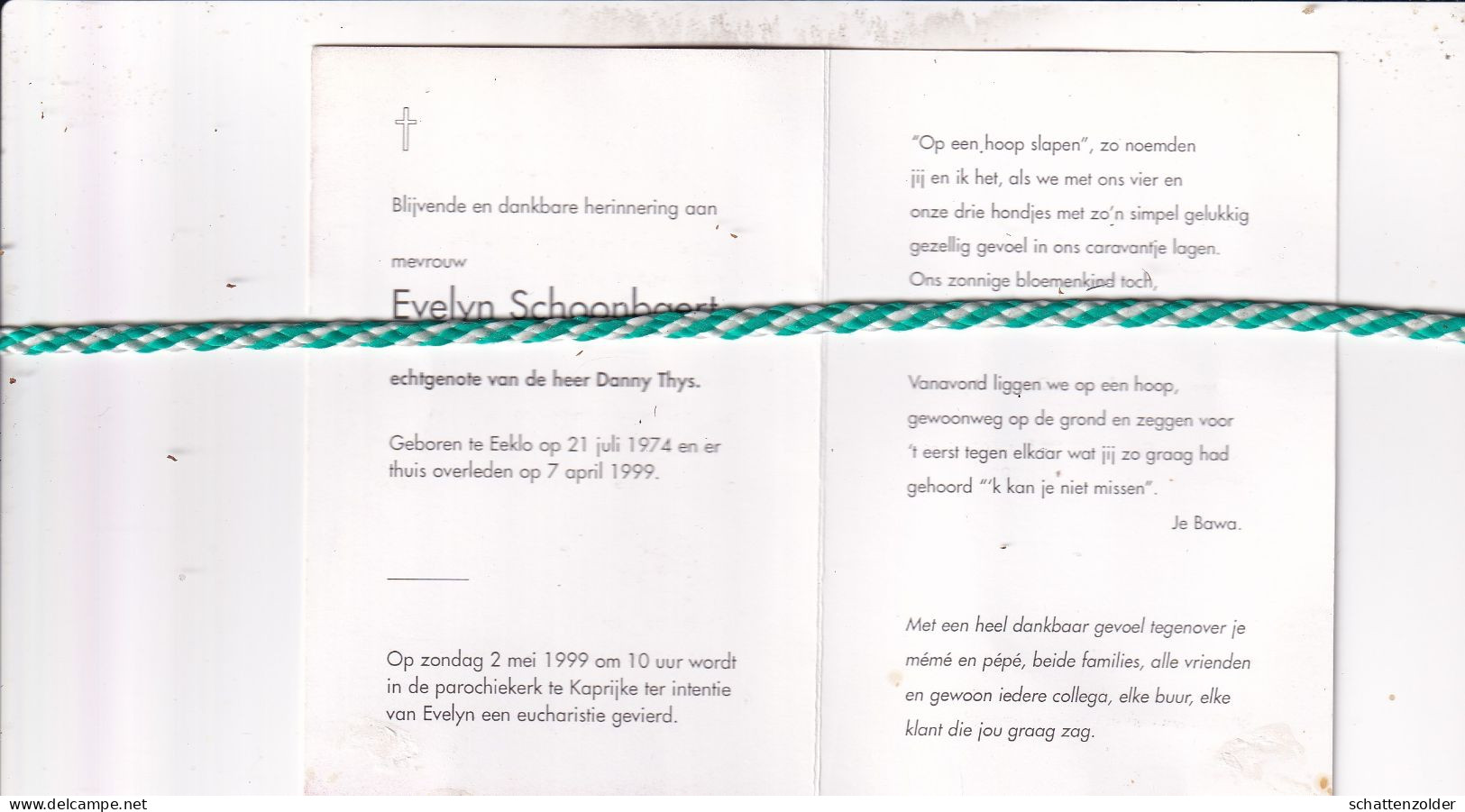 Evelyn Schoonbaert-Thys, Eeklo 1974, 1999. Foto - Obituary Notices