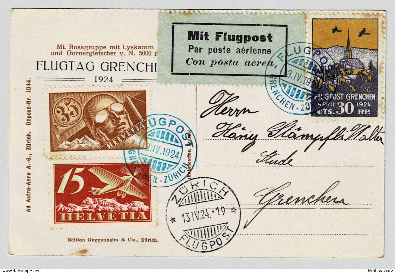 Schweiz Karte Flugtag Grenchen 13.IV.24  Stockflecken - First Flight Covers