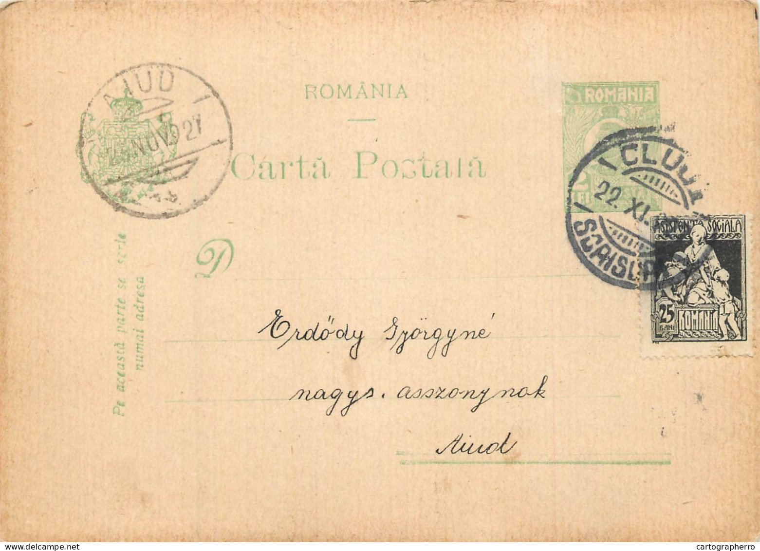 Romania Postal Card Royalty Franking Stamps Aiud  1927 - Roumanie