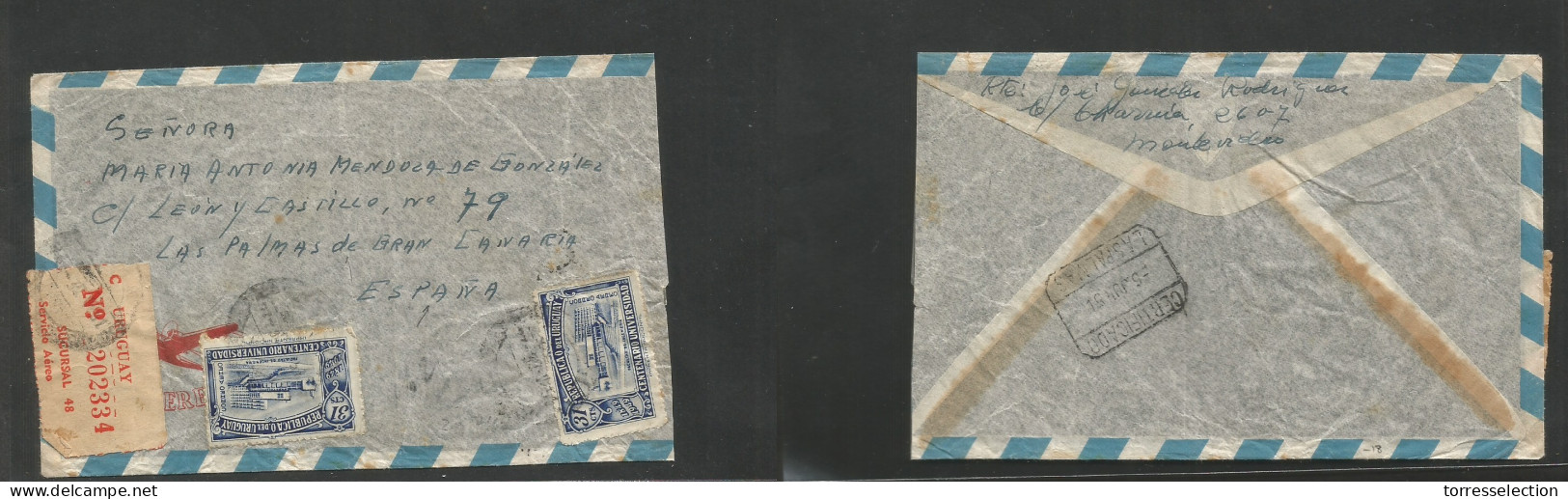 URUGUAY. 1951 (May 30) Mont - Spain, Las Palmas. Canary Islands, Atlantic Ocean (5 June) Registered Air Multifkd Env At  - Uruguay