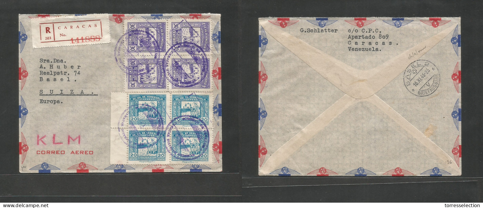 VENEZUELA. 1946 (Nov) Caracas - Switzerland, Basel (16 Nov) Registered Air Multifkd Env, Tied Block Of Four 1945 Issue + - Venezuela