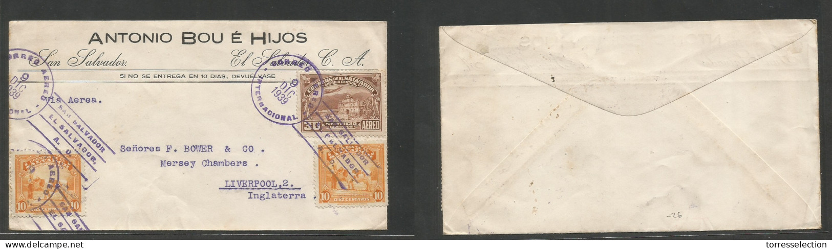 SALVADOR, EL. 1939 (9 Dic) GPO - UK, Liverpool Comercial Multifkd Airmail Env, Tied Slogan Cancel Cds Cachets, Fine, At  - El Salvador