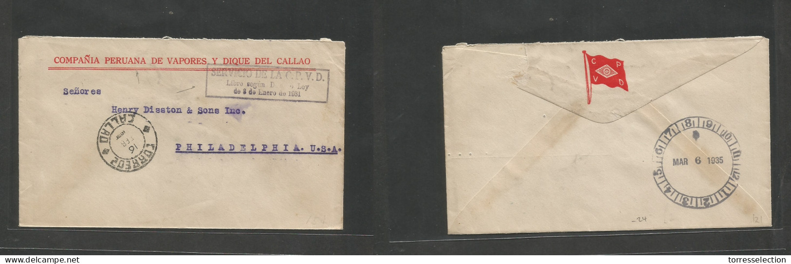 PERU. 1935 (16 Febr) Callao - USA, Philadelphia, PA (6 March 35) Compañía Peruana De Vapores, Box Francaise Cachet + Cds - Pérou