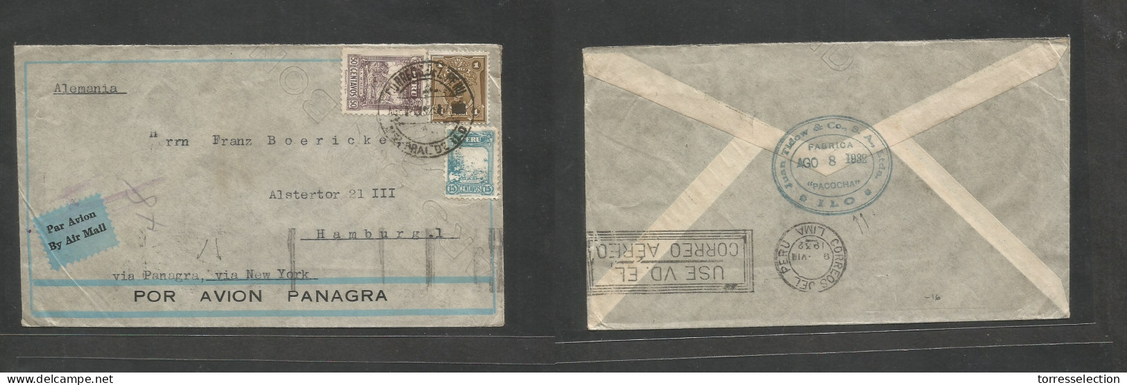 PERU. 1932 (8 Aug) Ilo - Germany, Hamburg Via Lime. Air Multifkd Env. Panagra - NY. 1,65 Soles Rate. Fine. - Pérou