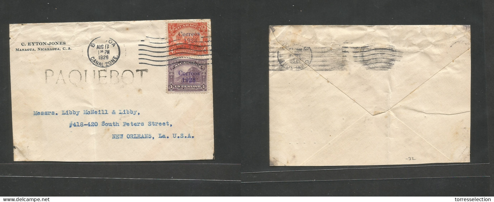 NICARAGUA. 1928 (17 Aug) Paquebot Mail. USA - Canal Zone. Balboa - USA, N. Orleans. Multifkd Env, Rolling Cachet Stline  - Nicaragua