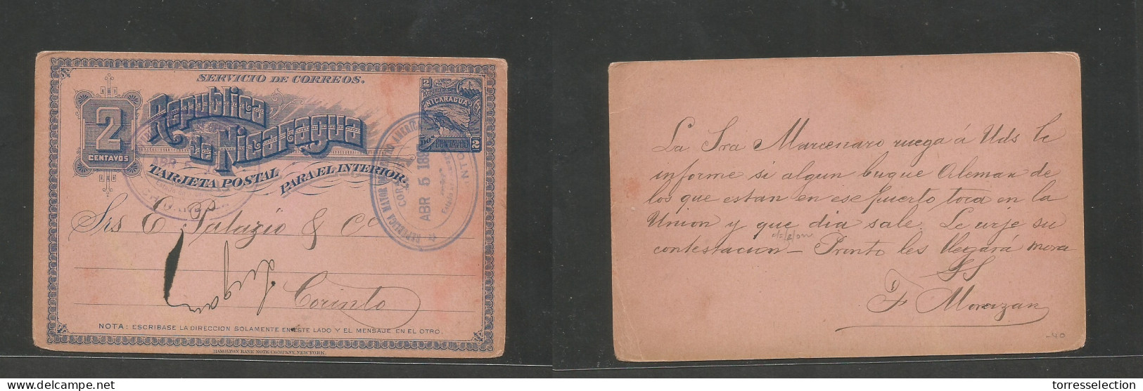 NICARAGUA. 1897 (5 April) Chinandenga - Corinto (5 April) 2c Blue Stat Illustr Card. Fine Used. - Nicaragua