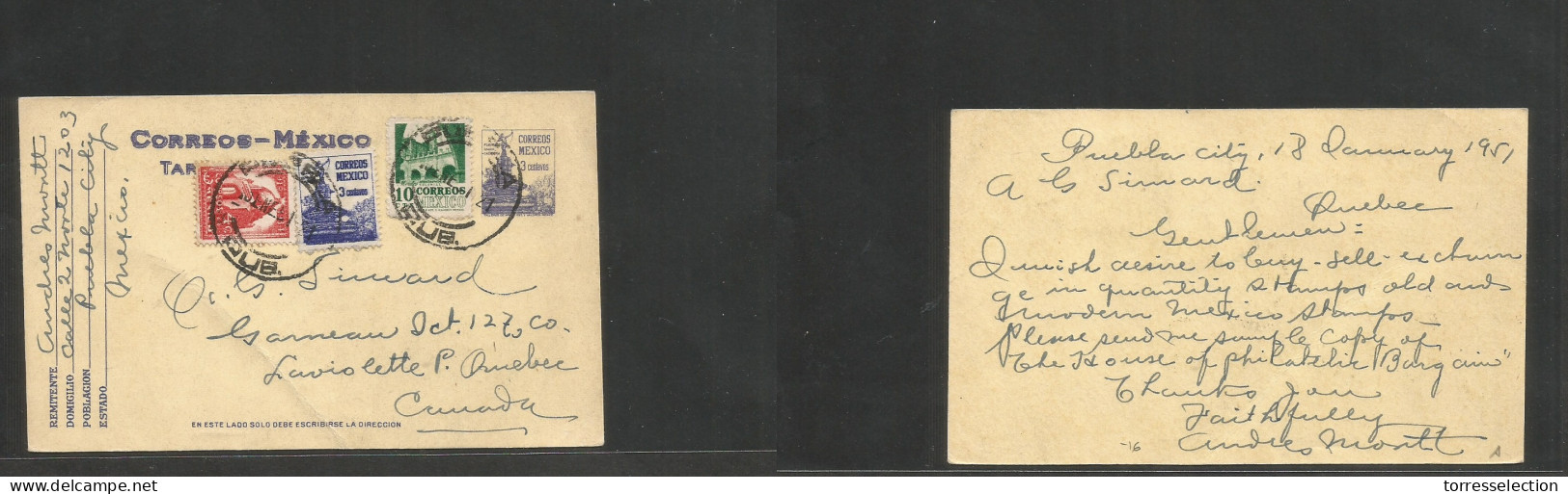 MEXICO - Stationery. 1951 (18 Jan) Puebla - Canada, Quebec. 3c Blue Stat Card + 3 Adtls, Cds. Fine Used. - Mexique