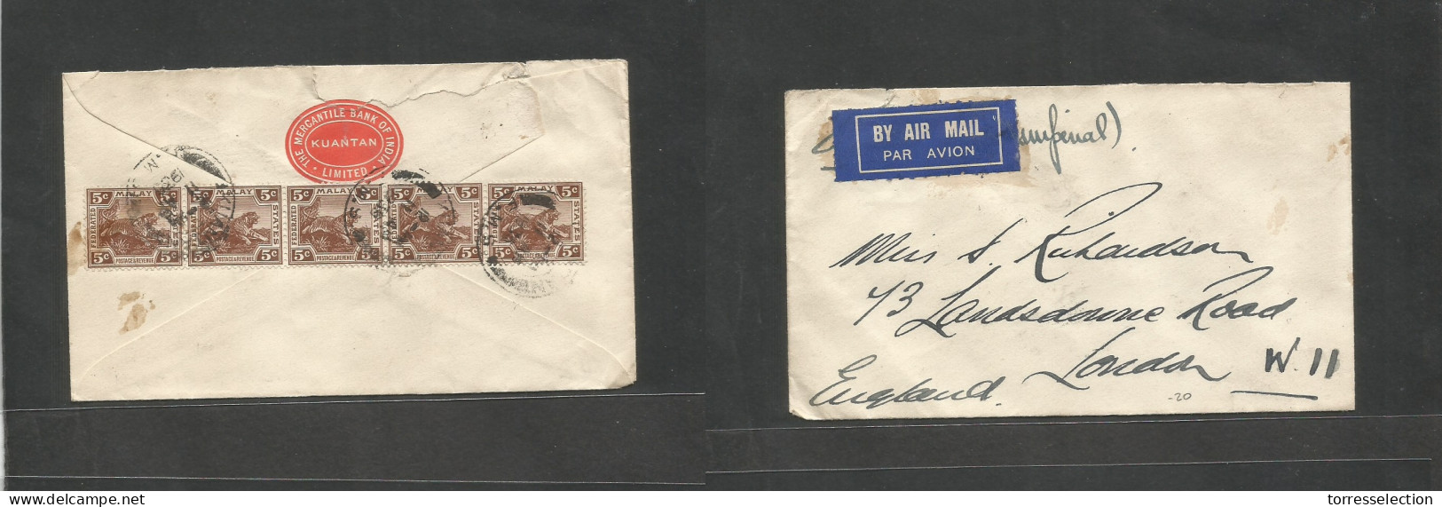 MALAYSIA. 1935 (11 Apr) FMS Kuantan - London, England. Air Reverse Multifkd Envelope + Red Comercial Printed Cachet. VF. - Malaysia (1964-...)