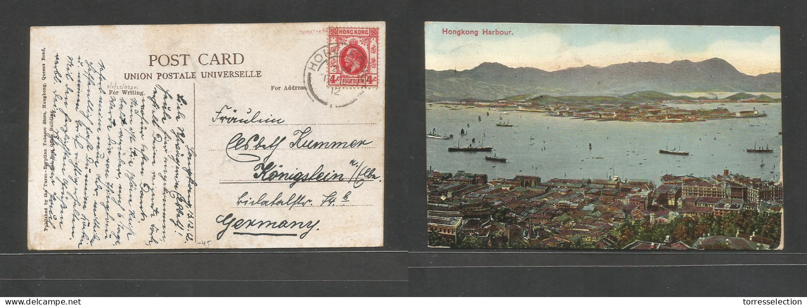 HONG KONG. 1912 (15 Dec) GPO - Germany, Koningslein. Single 4c Red Fkd Local Ppc. Fine. - Sonstige & Ohne Zuordnung