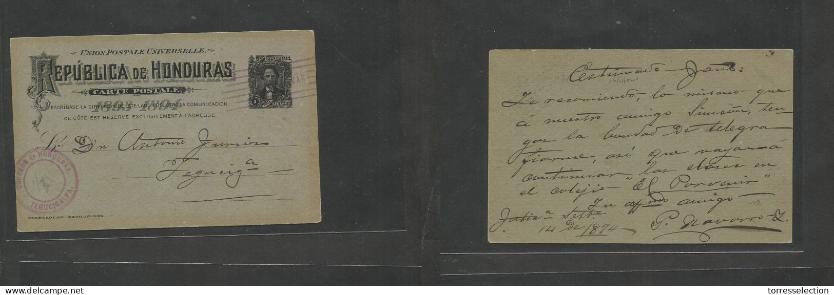 HONDURAS. 1894 (14 Sept) Jutica - Tegucigalpa 3c Black Illustr Stationery Card, Arrival Cds. Fine Scarce Item. - Honduras