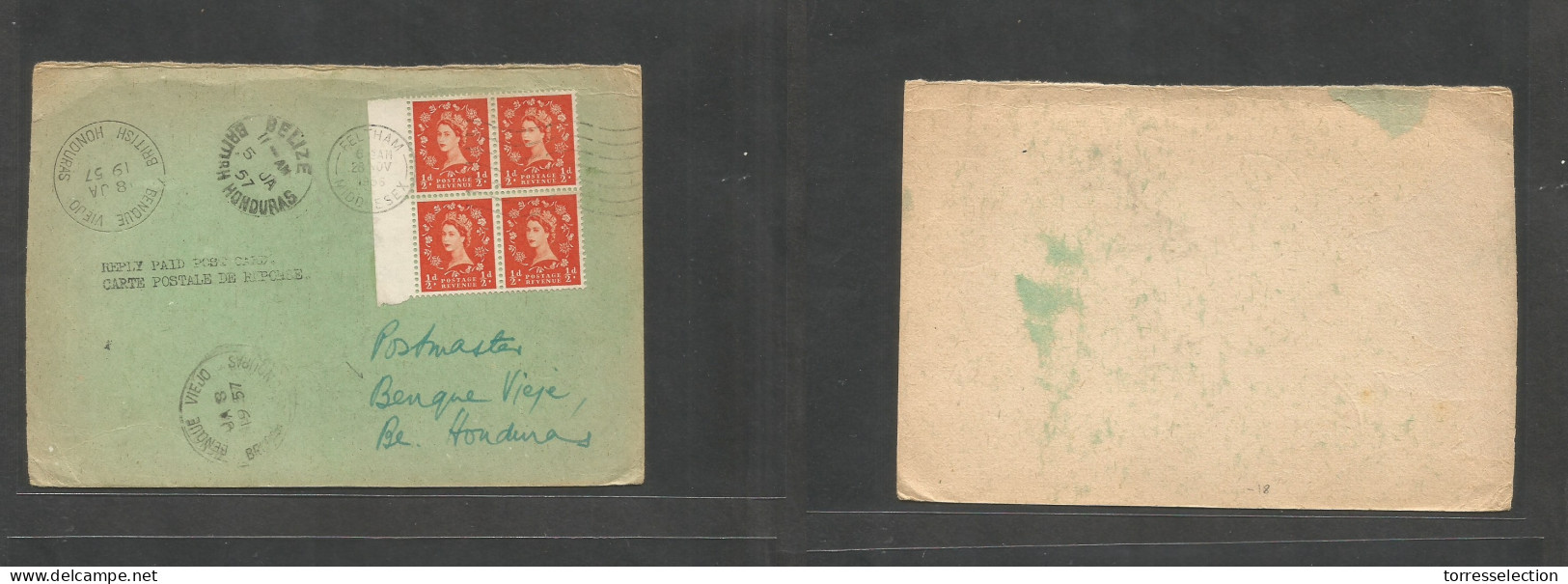 Great Britain - XX. 1956 (28 Nov) Feltham, Middx - Benque Viejo, British Honduras (8 Jan) Via Belize (5 Jan) QEII Multif - ...-1840 Préphilatélie