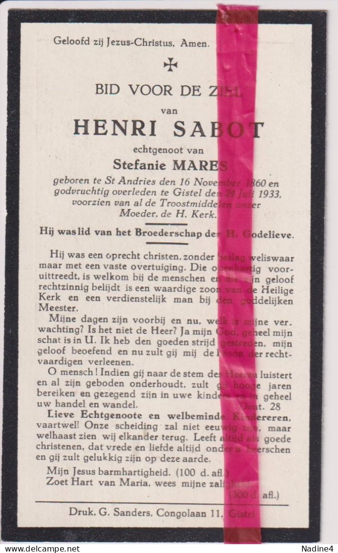 Devotie Doodsprentje Overlijden - Henri Sabot Echtg Stefanie Mares - St Andries 1860 - Gistel 1933 - Décès