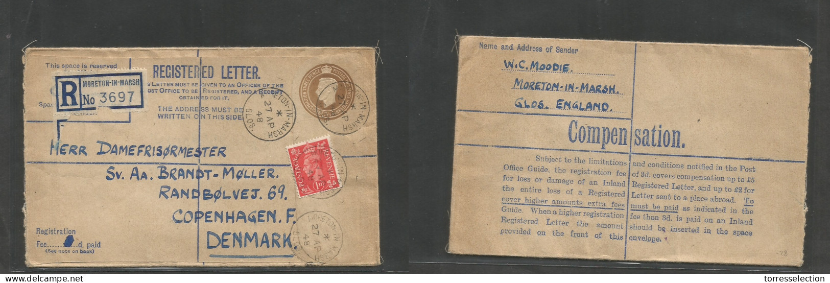 Great Britain - Stationery. 1948 (27 Apr) Moreton In Marsh - Denmark, Cph. Registered 3 1/2 Bister Stat Env + Adtl, Tied - ...-1840 Precursori