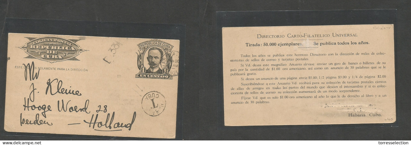 CUBA. 1921 (26 Ene) Habana - Holanda, Beiden. EP 1c Negro, Reverso Impreso Directorio Cartofilatelico, Con Marca De Tasa - Sonstige & Ohne Zuordnung
