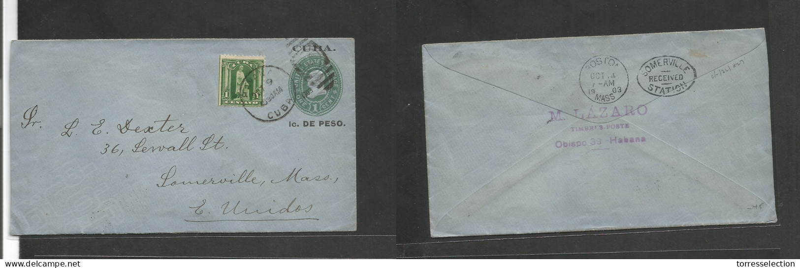 CUBA. 1903 (Oct 9) US Ovptd Issue. Habana - USA, Sommerville (Oct 14) 1c Peso Ovptd Stat Env + 1c Adtl, Tied Grill Cds.  - Autres & Non Classés