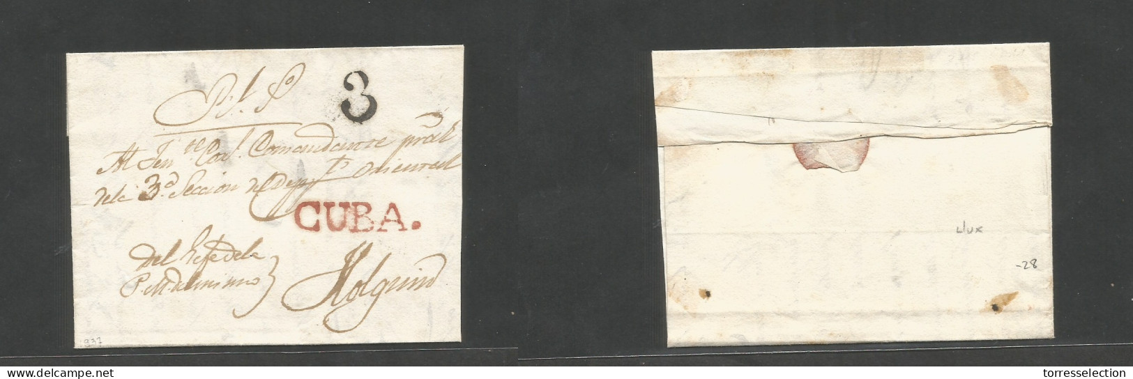 CUBA. 1837 (2 Oct) Holguin. Uso Local. Carta Real Servicio (RS), Marca En Rojo CUBA Y Cargo 3 Reales. Preciosa. Ex - Moo - Sonstige & Ohne Zuordnung