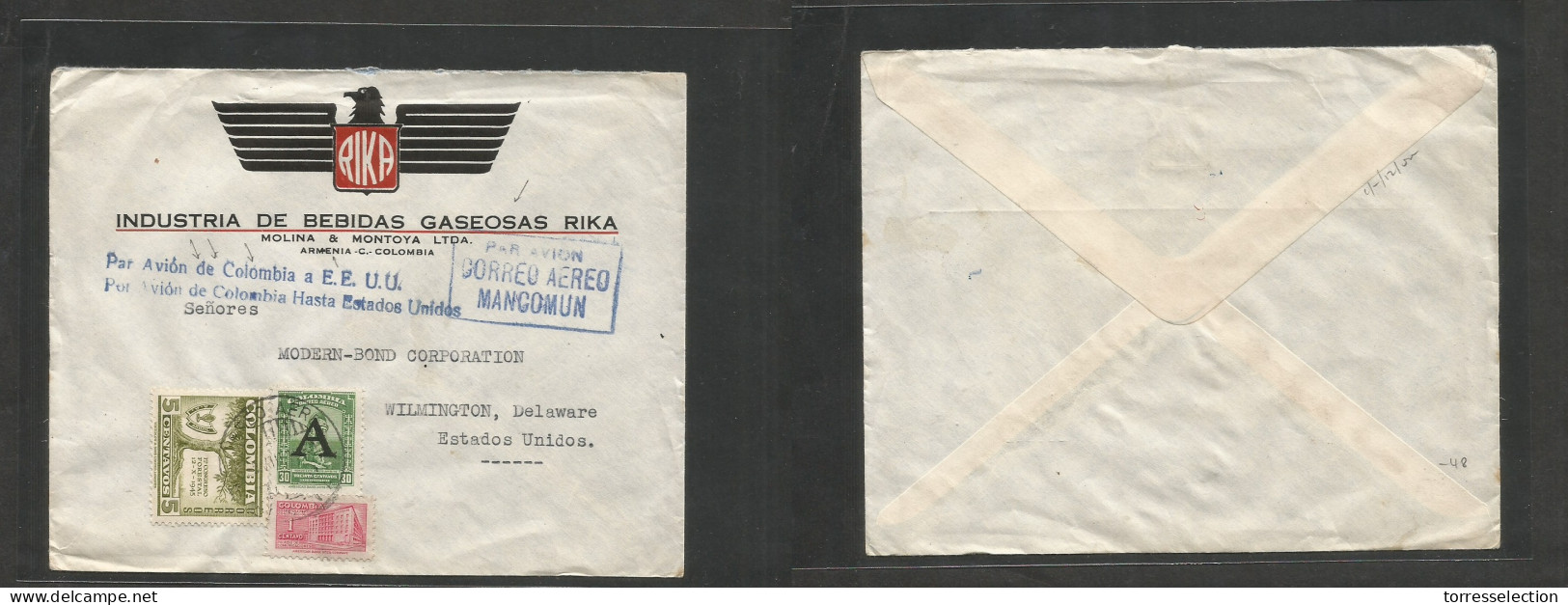 COLOMBIA. 1951 (5 July) Armenia - USA, Wilmington, Delaware. Multifkd Illustrated Envelope, Tied Cds. Air Cachets Incl " - Colombia