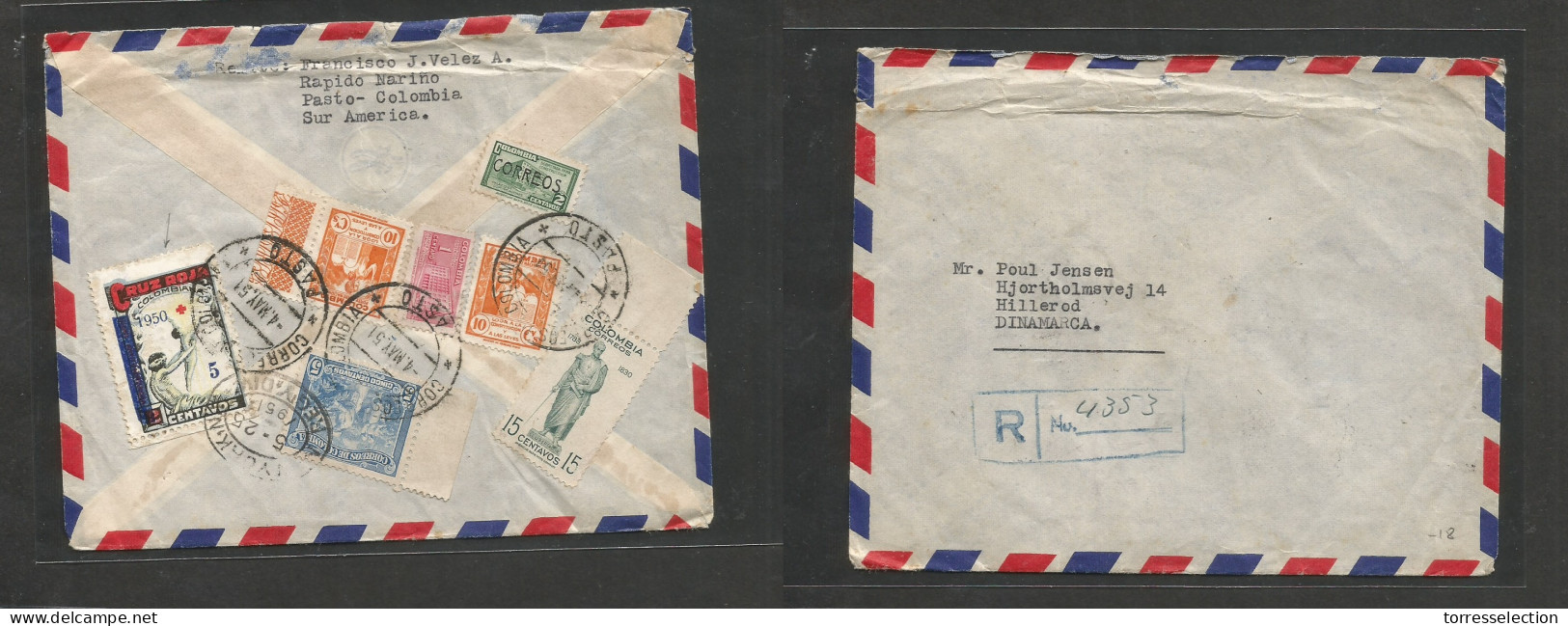 COLOMBIA. 1951 (4 May) Rapido Nariño, Pasto - Denmark, Hilerod. Registered Air Reverse Multifkd Env Incl Red Cross Color - Colombie