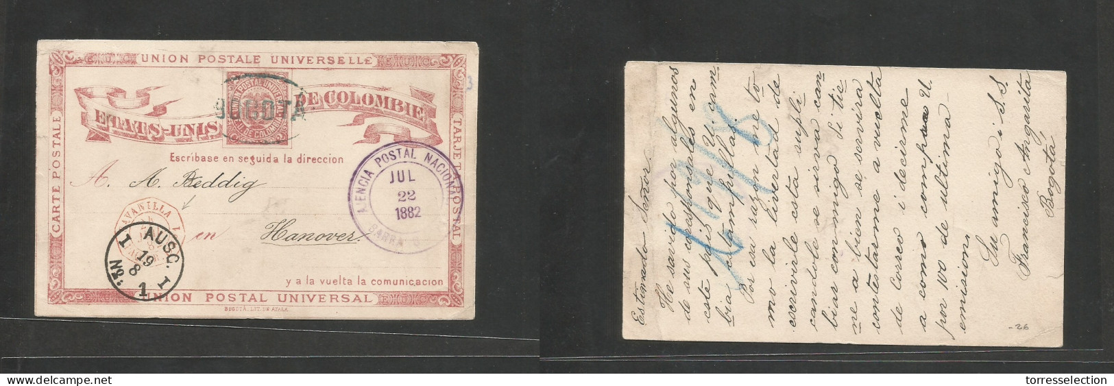 COLOMBIA. 1882 (July) Bogota - Germany, Hannover (19 Aug) 2c Red Stationary Card, Depart Town Cachet + French Red Octago - Colombie