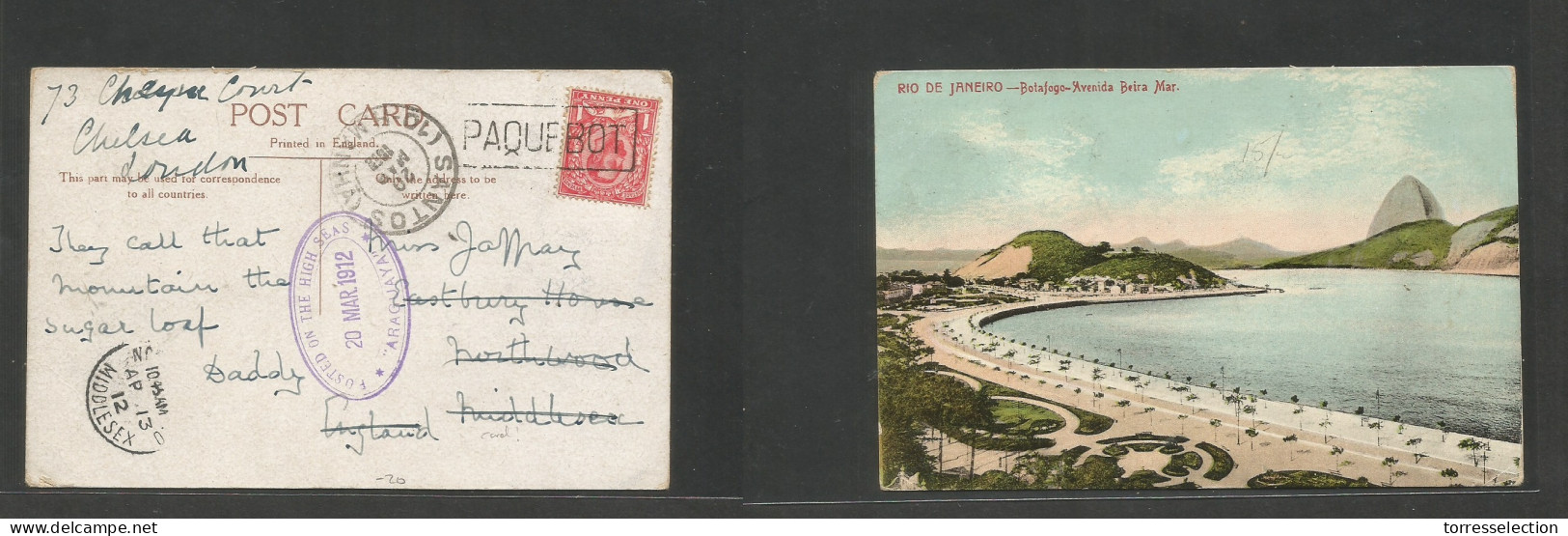 Brazil - XX. 1912 (20 March) Paquebot Mail. GB Used. Santos - England, Mddx (13 Apr) 1d Fkd Local Early Color Ppc, Box + - Autres & Non Classés