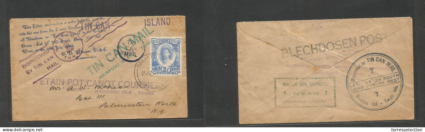 BC - Tonga. 1936 (21 July) Tin Can Mail. Fkd Multifkd Cacheted Env To New Zealand, Palmeston North. Front And Reverse. - Other & Unclassified