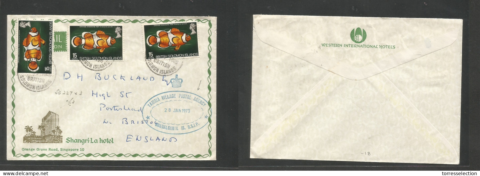 BC - Solomon Is.. 1973 (28 Jan) Tambia, Guadalcanal - England, Near Bristol. Multifkd Fish Issue Envelope, Tied Cds + Ov - Autres & Non Classés