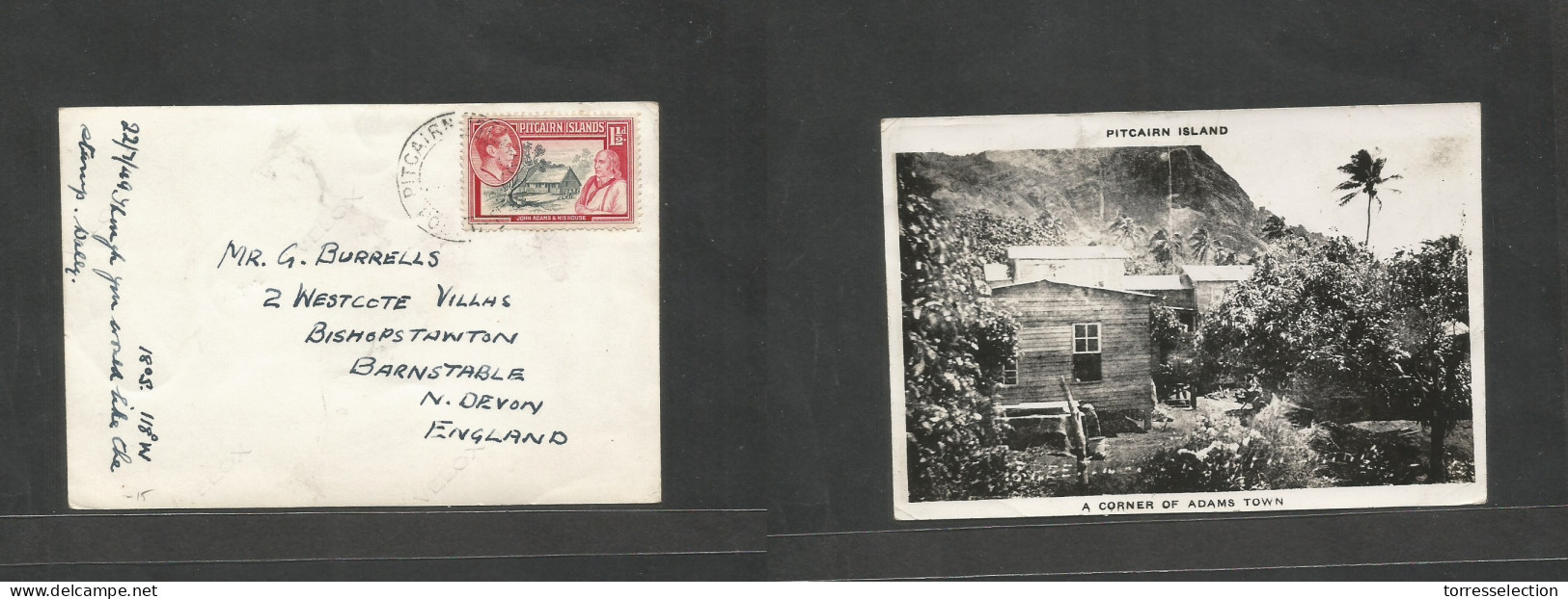 BC - Pitcairn. 1949 (22 July) Adams Town. GPO - England, N. Devon, Burnstable. 1 1/2d Fkd Photo Ppc. Fine Usage. - Andere & Zonder Classificatie