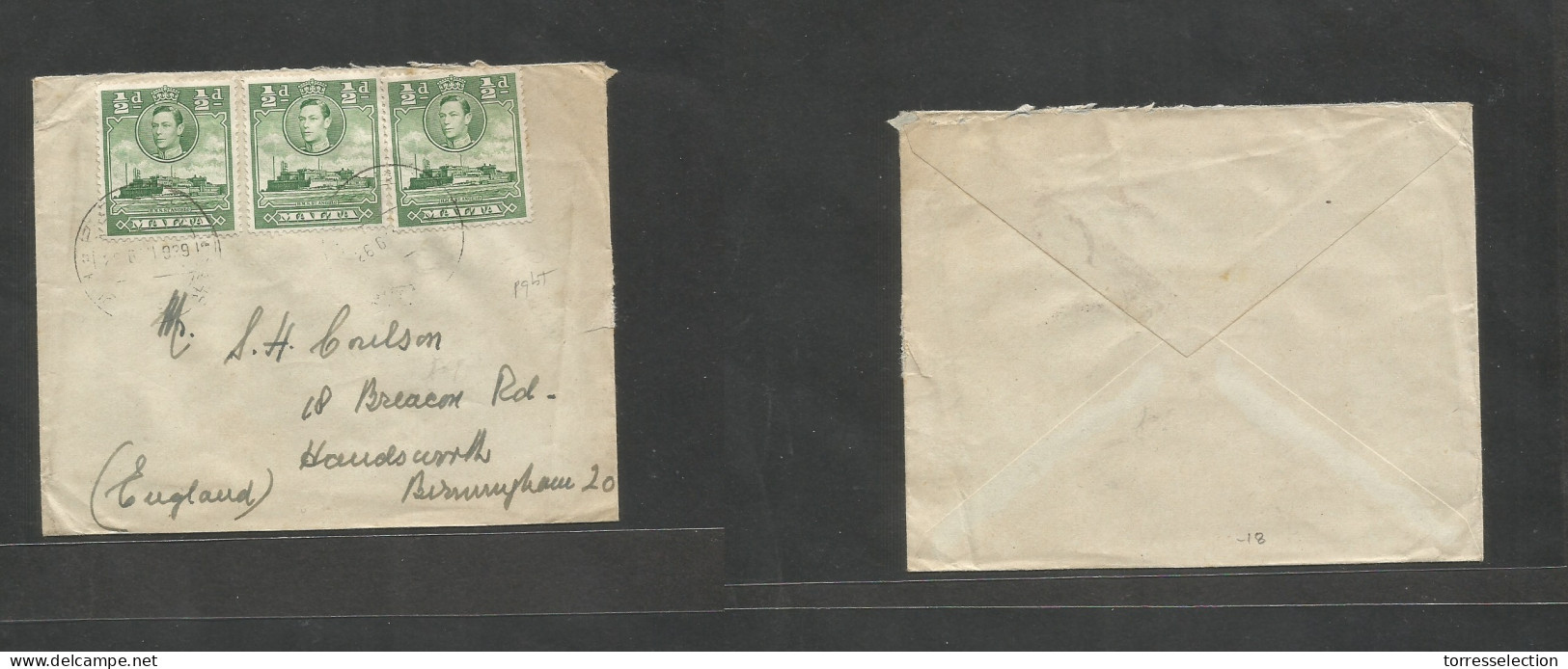 BC - Malta. 1939 (26 June) Paquebot Mail. Knight Of Malta. Multifkd Env Used To England, Birmingham, Handsworth. Fine. - Autres & Non Classés