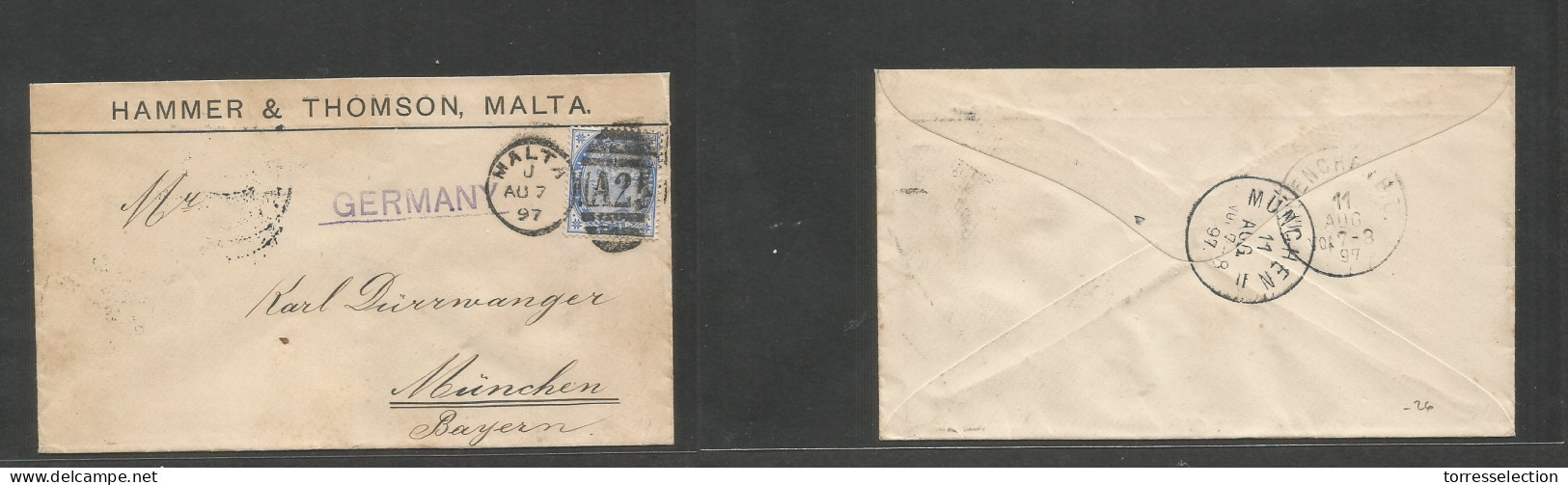 BC - Malta. 1897 (Aug 7) GPO - Germany, Munich (11 Aug) Single 2 1/2d Blue QV Comercial Fkd Env, Tied A26 Cds. Fine. - Other & Unclassified