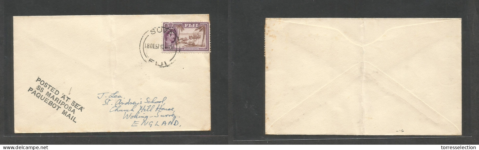 BC - Fiji. 1957 (18 Dec, Day Figure Inverted) Suva - England, Woking. Paquebot Mail. Single 3d Fkd Env + SS Mariposa Cac - Andere & Zonder Classificatie