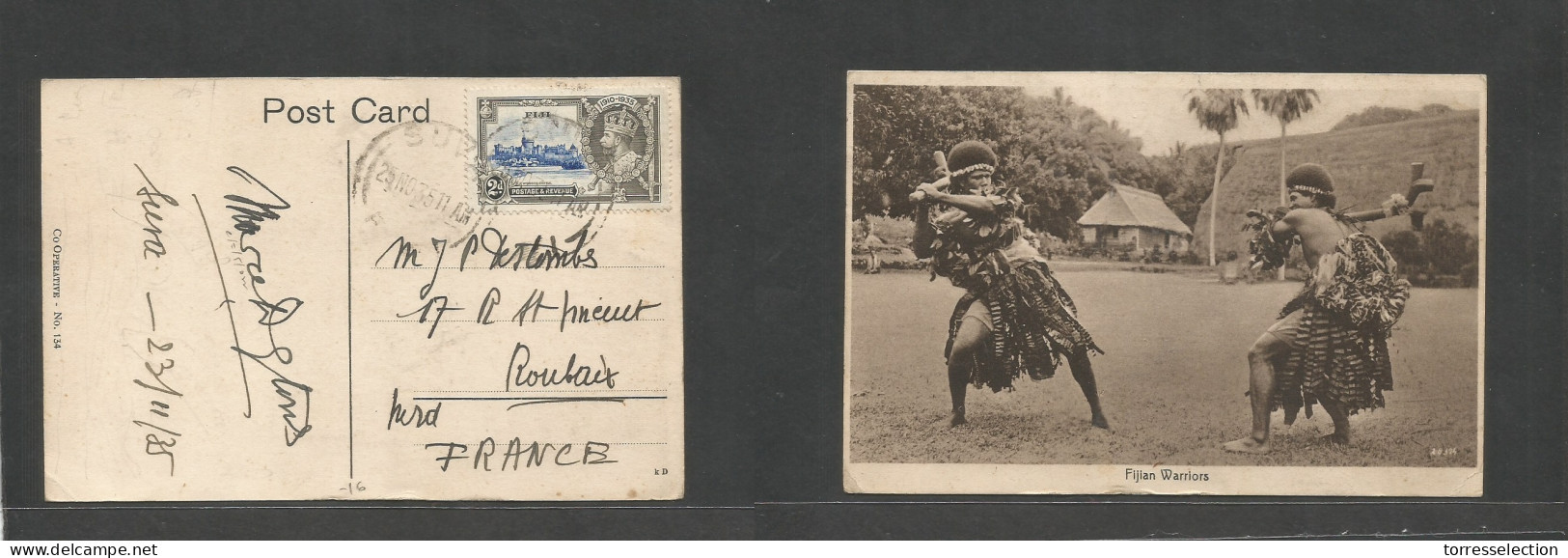 BC - Fiji. 1935 (25 Nov) Silver Jubilee. Suva - France, Roubaix. Single 2d Fkd Ppc, Tied Cds. Fine. - Autres & Non Classés