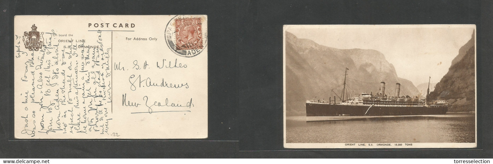 BC - Aden. C. 1915 (2 Sept) Paquebot Mail. Aden - New Zealand. SS Ormonde Ppc GB Fkd, Tied Cds. Fine. - Autres & Non Classés