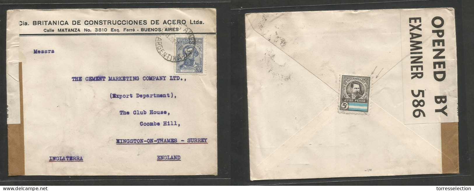 Argentina - XX. 1940 (13 June) Buenos Aires - England, Kingston On Thames, Surrey. Comercial Fkd Env, WWII Censored. Rev - Autres & Non Classés