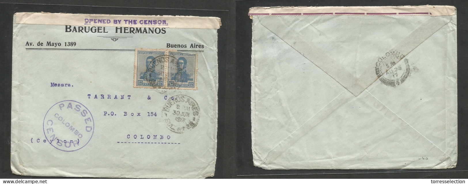 Argentina - XX. 1917 (30 June) Buenos Aires - Ceylon, Colombo, Indian Ocean (25 Aug) Comercial Multifkd Envelope, Censor - Autres & Non Classés