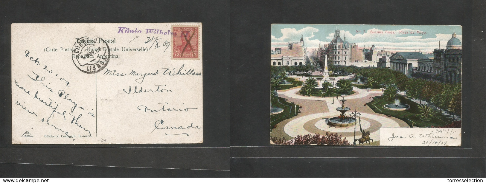 Argentina - XX. 1909 (20 Oct) Pqbt Cancel Konig Wilhelm II (Dutch) Buenos Aires - Canada, Elderton, ONT Via Lisboa 5c Fk - Autres & Non Classés