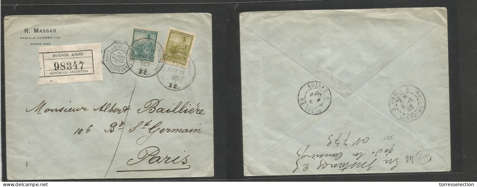 Argentina - XX. 1903 (12 May) Buenos Aires - France, Paris (6 June) Registered Multifkd Comercial Envelope, At 27c Rate, - Andere & Zonder Classificatie