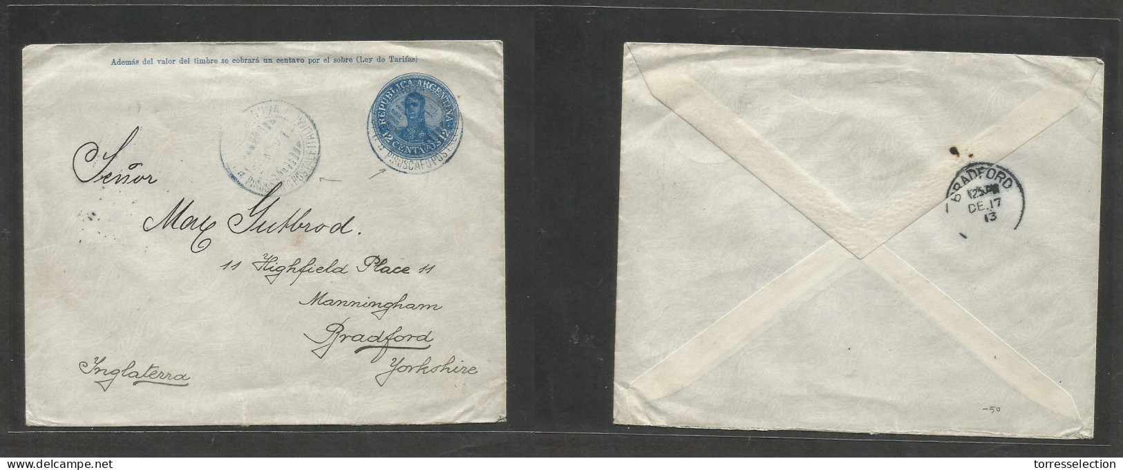 Argentina - Stationery. 1913 (4 Nov) Italian Pqbt Piroscafi "Duca Di Genova" 12c Blue Stat Env To Bradford, England. - Sonstige & Ohne Zuordnung