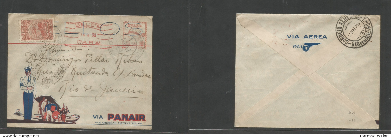 Airmails - World. 1938 (14 May) Brazil. Belem, Para - Rio J (17 May) Via Panair. Internal Air Flown Machine + Stamp Fkd  - Autres & Non Classés