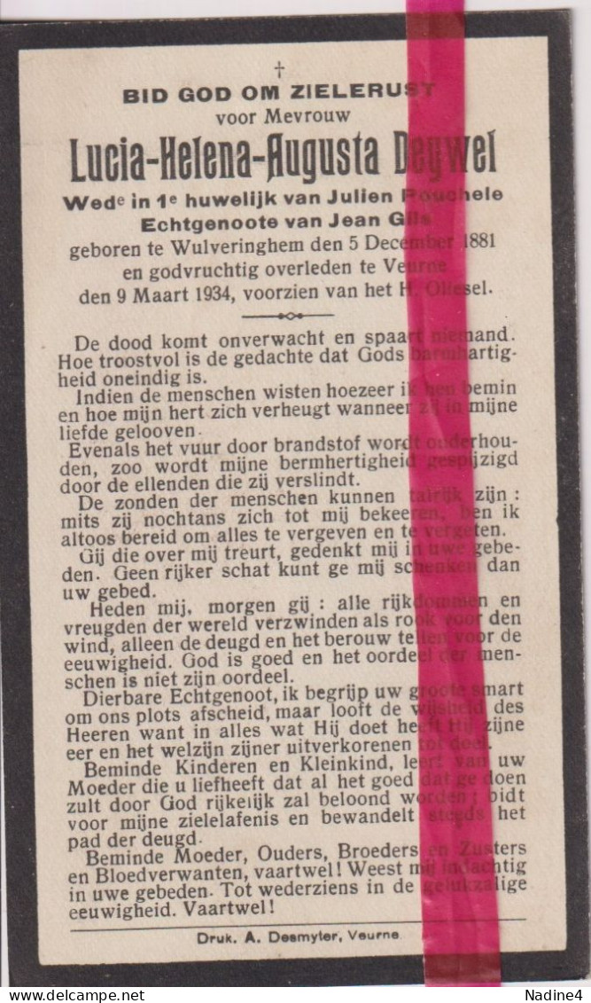 Devotie Doodsprentje Overlijden - Lucia Deywel Wed Pouchele Echtg Jean Gils - Wulveringem 1881 - Veurne 1934 - Obituary Notices